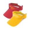 A red and a yellow sport visor featuring logos, designed for headwear. Both visors have an adjustable band.