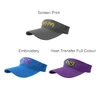 A collection of sport visors in grey, blue, and purple, featuring various styles of branding.