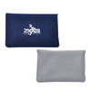 A navy and grey inflatable travel pillow with a logo on one side, featuring a soft texture.