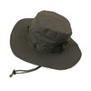 An olive green outdoor brim hat with a wide brim and adjustable chin strap. It features metal eyelets and a fabric band.