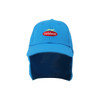 A blue sport cap with a flap and a logo on the front. The cap features a curved brim and a cotton texture.