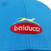 A blue sport cap with a flap and an embroidered logo in red and yellow.