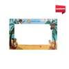A custom-shaped fridge magnet featuring a beach scene with palm trees and playful characters, in vibrant colours.