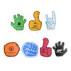 A collection of foam mitts in green, orange, pink, and black, featuring various hand gestures and logos.
