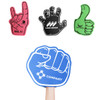 Four foam mitts in various colours: pink rock sign, black hand, green thumbs up, and blue fist, each featuring a logo.