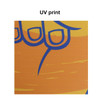 A vibrant orange fabric with blue graphic designs, featuring a UV print. Brand logo visible at the top.