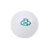 A white golf ball featuring a green logo. The surface has a dimpled texture.