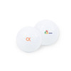 A white golf ball featuring an orange symbol and a logo in colour. The ball has a dimpled texture.