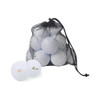 A mesh bag containing 12 white golf balls, featuring different logos on two visible balls.