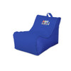 A blue outdoor chair with a logo. It features a soft, bean bag-like design for comfort.
