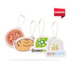 Four custom-shaped air freshener tags in various colours, featuring food and eco-friendly designs, with hanging strings.