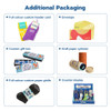 A collection of various packaging types for socks, including a gift box, envelope, and cardboard cylinder in bright colours.
