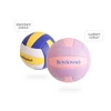 A volleyball in standard blue, yellow, and white colours alongside a custom purple and pink volleyball, both featuring a logo.