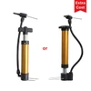 A dual-action pump in gold and black with various nozzle attachments. Features a branding logo on the handle.