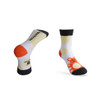 Custom pattern woven socks featuring a playful bear design in white, orange, and black colours. Includes branding.