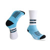 Crew woven bamboo work socks in blue and white, featuring black accents and a branded logo.