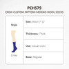 Merino wool socks in navy with a custom pattern, designed for adults size 7-12, featuring a thick fabric.