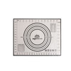 A silicone pastry mat in white with black measurement markings and circles, featuring a logo in one corner.