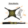 A black and yellow soccer training belt with adjustable straps and a football graphic, measuring 195 cm in length.