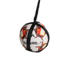 A soccer training belt with a black strap holding a multi-coloured soccer ball, designed for outdoor sports activities.