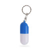 A blue and white pill capsule keychain featuring a metal keyring attachment.