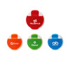 A round pill box featuring four compartments in red, orange, green, and blue. Each section has a clip closure and branding.