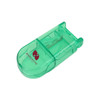 A green pill box with a built-in cutter, featuring a logo on the surface.