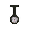 A silicone nurse watch in black with a round face and clear numerical markings, featuring a logo.
