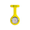 A yellow silicone nurse watch with a round dial and a logo at the top.