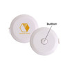 A 1.5m round tape measure in white featuring a logo and a button for retraction.