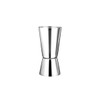 A stainless steel double jigger with a sleek, reflective finish for precise measuring. It has a logo on its surface.