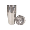 A stainless-steel cocktail shaker set, featuring a large shaker and a strainer lid. The finish is polished and reflective.