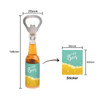 A drink bottle-shaped opener in silver with an orange liquid design, featuring a branding sticker.
