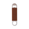 A drink bottle opener featuring a stainless steel end and a brown leather grip, with a logo on the leather.