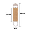 A drink bottle opener with a stainless steel design and a tan PU leather grip. It features a logo. Dimensions are provided.