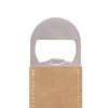 A drink bottle opener with a stainless steel head and a tan PU leather handle. It features stitching and has a logo.