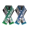 A polyester scarf featuring green, blue, and white colour blocks with tassels and a logo.