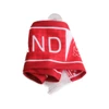 A red scarf with a suction cap, featuring a checkerboard pattern and a branding logo.