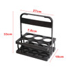 A foldable beer basket in black, featuring a handle and space for six drink bottles. Dimensions included in the image.