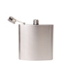A stainless steel hip flask with a brushed finish and a screw-on cap. The flask has a simple design and a logo.