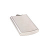 A stainless steel hip flask with a sleek, polished finish and a rounded edge, featuring a logo.