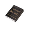 A black box containing a stainless steel hip flask. The box features a logo and decorative elements in gold.