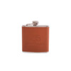 A drink bottle with a stainless steel cap, wrapped in brown leather, featuring an embossed logo.