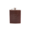 A drink bottle featuring a brown leather exterior with a stainless steel top and a logo embossed on the front.
