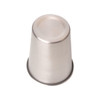 A stainless steel cup with a smooth finish, featuring a base and a logo on the bottom.