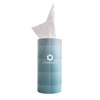 A cylindrical tissue dispenser in light blue with a logo, featuring soft white tissues protruding from the top.