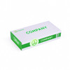 A white tissue box with a green design and branding, featuring a simple logo.