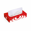 A red tissue box with a white top, featuring a brand logo design. Perfect for home or living spaces.
