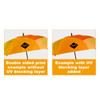 An orange and yellow full-colour golf umbrella with a logo, showcasing double-sided print examples.