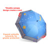 An expandable golf umbrella featuring a blue double-canopy design with geometric patterns and a vent. It has a logo.